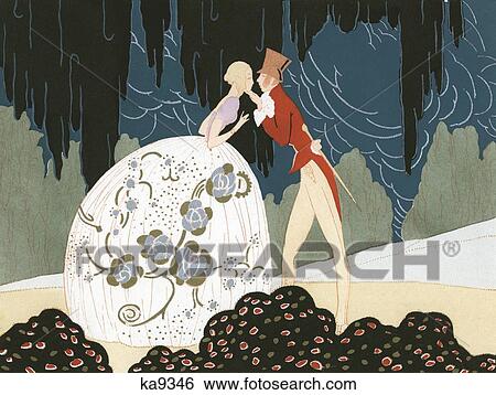 1920S Art Deco Illustration Couple About To Kiss Woman Wearing White Silver Balloon Shaped Gown Skirt With Floral Motif View Large Photo Image Stock Photograph - 1920S Art Deco Illustration Couple About To Kiss Woman Wearing White Silver Balloon Shaped Gown Skirt With Floral Motif. Fotosearch