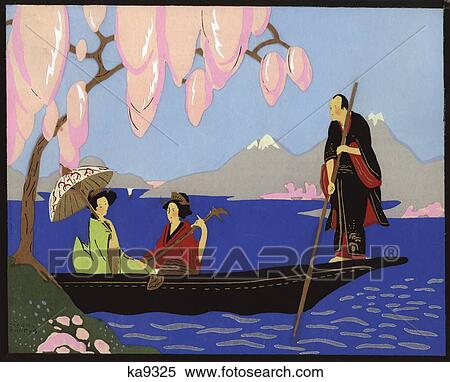 Stock Photography - 1920S Illustration Man Rowing Boat With Two Japanese Geishas By French Art Deco Artist Lucien Chapuis. Fotosearch