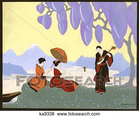 1920S Japanese Man Playing Music For Woman And Her Attendant Holding Umbrella By Art Deco French Artist Lucien Chapuis View Large Photo Image Stock Photo - 1920S Japanese Man Playing Music For Woman And Her Attendant Holding Umbrella By Art Deco French Artist Lucien Chapuis. Fotosearch