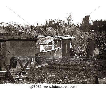Stock Image - 1930s 1932 GREAT DEPRESSION HOOVERVILLE HOME CENTRAL PARK NEW YORK USA. Fotosearch