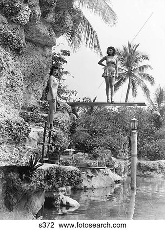 1930s 1940s 2 WOMEN POSING POOL SIDE WEARING BATHING SUITS TROPICAL LOCATION PALM TREES View Large Photo Image Stock Image - 1930s 1940s 2 WOMEN POSING POOL SIDE WEARING BATHING SUITS TROPICAL LOCATION PALM TREES. Fotosearch