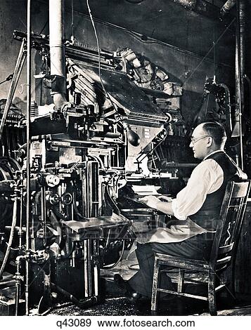 1930s ANONYMOUS MAN SEATED AT COMPOSING KEYBOARD OF LINOTYPE HOT METAL TYPESETTING MACHINE View Large Photo Image Stock Photo - 1930s ANONYMOUS MAN SEATED AT COMPOSING KEYBOARD OF LINOTYPE HOT METAL TYPESETTING MACHINE. Fotosearch
