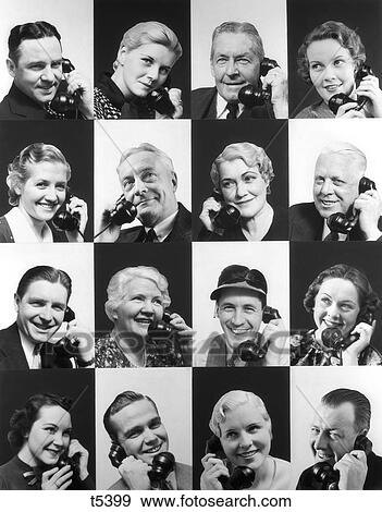 1930s CHECKERBOARD MONTAGE PATTERN 16 SMILING PEOPLE MEN AND WOMEN YOUNG AND OLD SPEAKING ON TELEPHONES View Large Photo Image Stock Photo - 1930s CHECKERBOARD MONTAGE PATTERN 16 SMILING PEOPLE MEN AND WOMEN YOUNG AND OLD SPEAKING ON TELEPHONES. Fotosearch