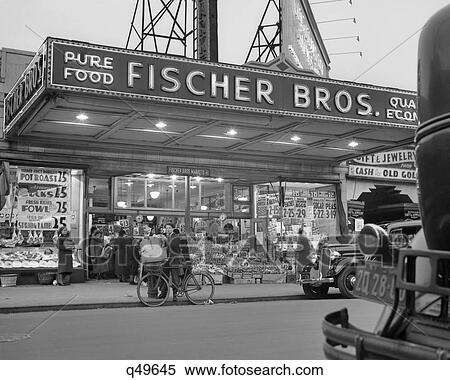 1930s DISPLAY OF FOODS WITH PRICES FRONT OF GROCERY STORE ASTORIA QUEENS NEW YORK CITY USA View Large Photo Image Stock Photography - 1930s DISPLAY OF FOODS WITH PRICES FRONT OF GROCERY STORE ASTORIA QUEENS NEW YORK CITY USA. Fotosearch