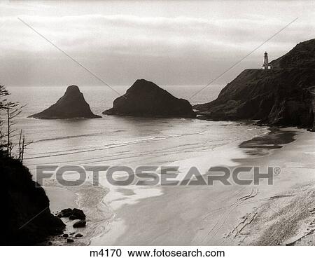 1930s HECETA HEAD LIGHT LIGHTHOUSE OREGON BEACH BOULDERS ROCKY COAST TWILIGHT EVENING PACIFIC OCEAN MOOD FLORENCE OR USA View Large Photo Image Stock Image - 1930s HECETA HEAD LIGHT LIGHTHOUSE OREGON BEACH BOULDERS ROCKY COAST TWILIGHT EVENING PACIFIC OCEAN MOOD FLORENCE OR USA. Fotosearch