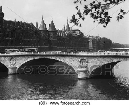 Stock Photo - 1930S Hotel De Ville And Bridge On River Seine Paris France. Fotosearch