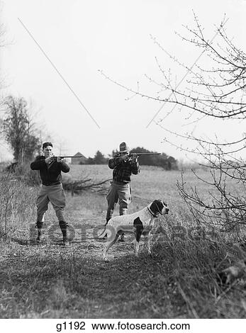 1930S Two Men Hunting Shooting Shotguns With Pointing Dog View Large Photo Image Stock Image - 1930S Two Men Hunting Shooting Shotguns With Pointing Dog. Fotosearch