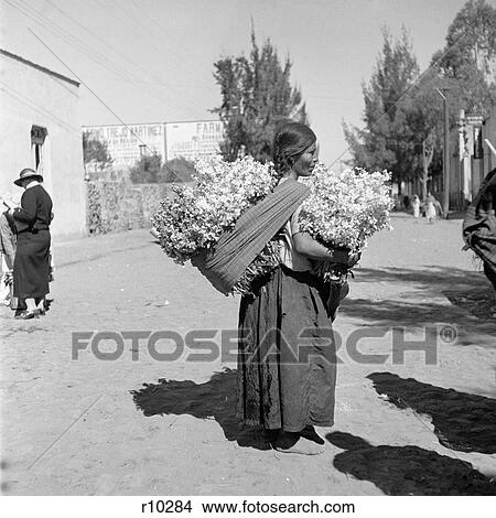 1930s WOMAN CARRYING AND SELLING LARGE BUNDLES OF FLOWERS IN VILLAGE OF XOCHIMILCO MEXICO View Large Photo Image Picture - 1930s WOMAN CARRYING AND SELLING LARGE BUNDLES OF FLOWERS IN VILLAGE OF XOCHIMILCO MEXICO. Fotosearch