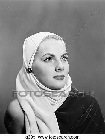 1940S 1950S Portrait Blonde Woman Wearing White Head Scarf Cowl Hood View Large Photo Image Stock Photography - 1940S 1950S Portrait Blonde Woman Wearing White Head Scarf Cowl Hood. Fotosearch