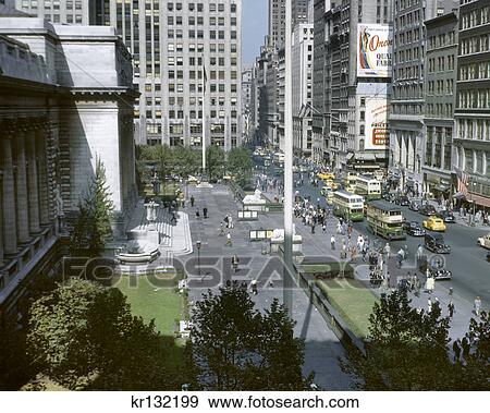 1940s LOOKING UP FIFTH AVENUE FROM ACROSS THE FRONT OF THE PUBLIC LIBRARY MIDTOWN MANHATTAN NYC USA View Large Photo Image Stock Photo - 1940s LOOKING UP FIFTH AVENUE FROM ACROSS THE FRONT OF THE PUBLIC LIBRARY MIDTOWN MANHATTAN NYC USA. Fotosearch