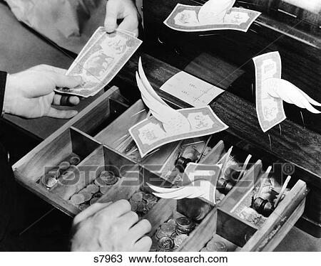 1940s MALE HANDS CASHIER GIVING CHANGE TO CUSTOMER CURRENCY BILLS WITH WINGS FLYING OUT OF THE CASH REGISTER TILL View Large Photo Image Stock Image - 1940s MALE HANDS CASHIER GIVING CHANGE TO CUSTOMER CURRENCY BILLS WITH WINGS FLYING OUT OF THE CASH REGISTER TILL. Fotosearch