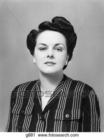 1940s PORTRAIT BRUNETTE WOMAN STRIPED BLOUSE SERIOUS FACIAL EXPRESSION View Large Photo Image Stock Image - 1940s PORTRAIT BRUNETTE WOMAN STRIPED BLOUSE SERIOUS FACIAL EXPRESSION. Fotosearch