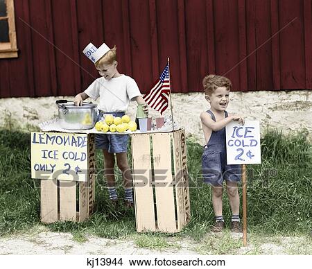 Picture - 1940S Two Young Boys Selling Fresh Lemonade At Stand Summer. Fotosearch
