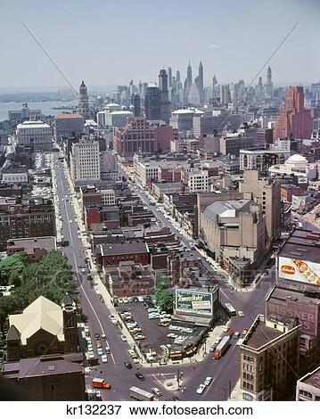 1950S Aerial View Of Downtown Brooklyn Taken From Willamsburg Savings Bank Roof Manhattan Seen In Background View Large Photo Image Stock Photo - 1950S Aerial View Of Downtown Brooklyn Taken From Willamsburg Savings Bank Roof Manhattan Seen In Background. Fotosearch