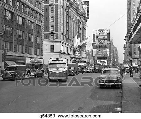 1950S New York City Times Square Traffic Broadway Bus Looking North To Duffy Square From West 44Th Street Nyc Ny Usa View Large Photo Image Stock Photo - 1950S New York City Times Square Traffic Broadway Bus Looking North To Duffy Square From West 44Th Street Nyc Ny Usa. Fotosearch