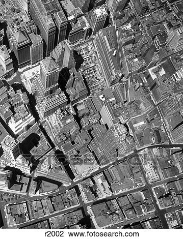 Stock Image - 1950S Straight Down Vertical Of The Wall Street Section Of Downtown New York City Ny Usa. Fotosearch