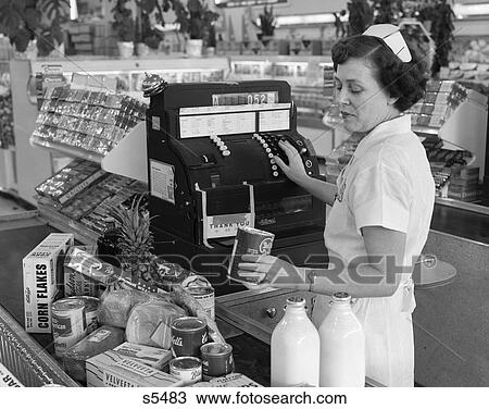 1950s WOMAN GROCERY SUPERMARKET CASHIER RINGING FOOD PURCHASES View Large Photo Image Stock Image - 1950s WOMAN GROCERY SUPERMARKET CASHIER RINGING FOOD PURCHASES. Fotosearch