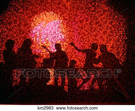 Stock Image - 1960S 1970S Anonymous Red Silhouetted Disco Dancers Dancing To Rock And Roll Band Music. Fotosearch