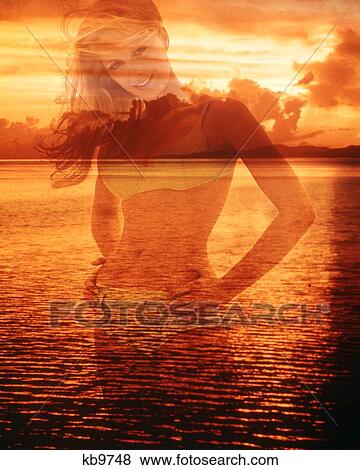 1960S 1970S Montage Woman Swim Suit Posing Bikini Sunset View Large Photo Image Stock Photo - 1960S 1970S Montage Woman Swim Suit Posing Bikini Sunset. Fotosearch