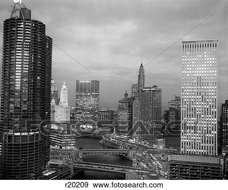 1960S Chicago River Bridges And Downtown Skyline At Dusk Chicago Il Usa View Large Photo Image Stock Photo - 1960S Chicago River Bridges And Downtown Skyline At Dusk Chicago Il Usa. Fotosearch