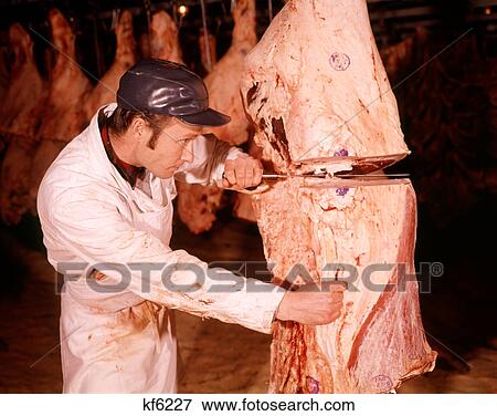 1960s MAN BUTCHER SLICING CUTTING SIDE OF BEEF INSIDE A MEAT LOCKER View Large Photo Image Stock Photo - 1960s MAN BUTCHER SLICING CUTTING SIDE OF BEEF INSIDE A MEAT LOCKER. Fotosearch