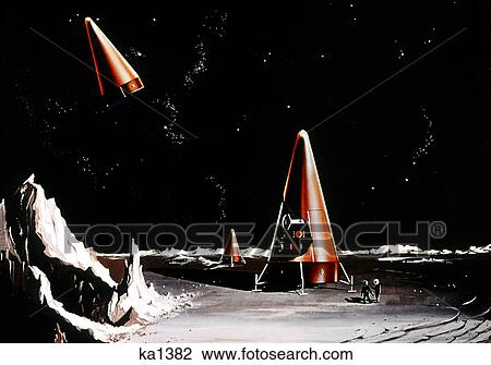 Stock Image - 1960s NASA DRAWING CONE SHAPED SPACESHIP PLANET ASTRONAUTS EXPLORATION SCIENCE FICTION SC-FI SPACE TRAVEL. Fotosearch