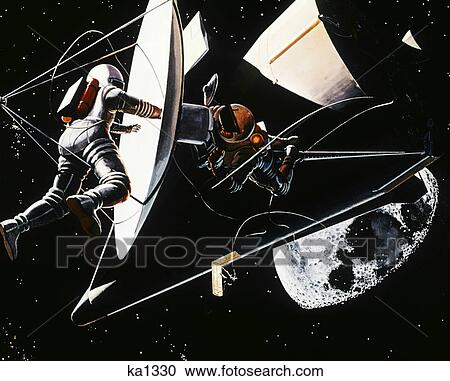 1960s NASA ILLUSTRATION ASTRONAUTS WORKING DURING SPACE SHIP EVA WEARING SPACESUITS View Large Photo Image Stock Image - 1960s NASA ILLUSTRATION ASTRONAUTS WORKING DURING SPACE SHIP EVA WEARING SPACESUITS. Fotosearch
