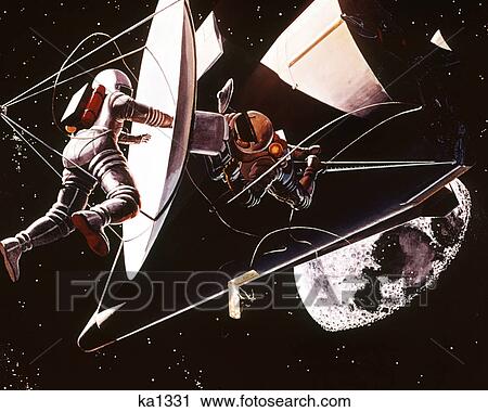1960s NASA ILLUSTRATION DRAWING TWO ASTRONAUTS EVA WORKING DISK SPACE VEHICLE View Large Photo Image Stock Image - 1960s NASA ILLUSTRATION DRAWING TWO ASTRONAUTS EVA WORKING DISK SPACE VEHICLE. Fotosearch