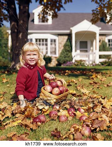 1960s SMILING BLONDE GIRL WEARING RED SWEATER LOOKING AT CAMERA SITTING IN AUTUMN LEAVES HOLDING BASKET OF APPLES View Large Photo Image Stock Photo - 1960s SMILING BLONDE GIRL WEARING RED SWEATER LOOKING AT CAMERA SITTING IN AUTUMN LEAVES HOLDING BASKET OF APPLES. Fotosearch