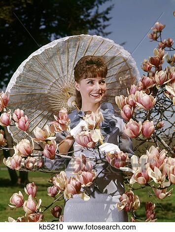 1960s YOUNG BRUNETTE WOMAN HOLDING SUNSHADE PARASOL STANDING BY MAGNOLIA TREE IN BLOSSOM View Large Photo Image Stock Image - 1960s YOUNG BRUNETTE WOMAN HOLDING SUNSHADE PARASOL STANDING BY MAGNOLIA TREE IN BLOSSOM. Fotosearch