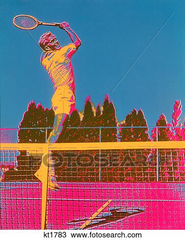 1970s 1960s POSTERIZED SPECIAL EFFECT COLORFUL MAN TENNIS PLAYER BY NET JUMPING UP FOR SHOT ACE LOB View Large Photo Image Stock Image - 1970s 1960s POSTERIZED SPECIAL EFFECT COLORFUL MAN TENNIS PLAYER BY NET JUMPING UP FOR SHOT ACE LOB. Fotosearch