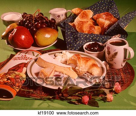 Stock Image - 1970s 1980s CROISSANTS CHEESE BRIE FRUIT JAM COFFEE CONTINENTAL BREAKFAST CROISSANT FRENCH. Fotosearch