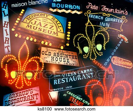Stock Image - 1970s COLLAGE OF NEON SIGNS FRENCH QUARTER NEW ORLEANS LOUISIANA USA. Fotosearch