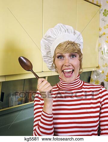 1970S Laughing Woman Character Wearing Chef Hat Toque Striped Red White Shirt Holding Cooking Spoon Looking At Camera View Large Photo Image Stock Image - 1970S Laughing Woman Character Wearing Chef Hat Toque Striped Red White Shirt Holding Cooking Spoon Looking At Camera. Fotosearch