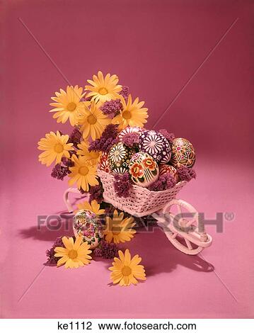 1970S Painted Easter Eggs Decorated Yellow Flowers White Wheelbarrow Basket View Large Photo Image Stock Image - 1970S Painted Easter Eggs Decorated Yellow Flowers White Wheelbarrow Basket. Fotosearch