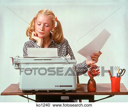 1970s YOUNG WOMAN BLONDE HAIR AT ELECTRIC HERMES TYPEWRITER THOUGHTFUL PENSIVE STUDENT TYPING WEARING HAIR IN PIGTAILS View Large Photo Image Stock Image - 1970s YOUNG WOMAN BLONDE HAIR AT ELECTRIC HERMES TYPEWRITER THOUGHTFUL PENSIVE STUDENT TYPING WEARING HAIR IN PIGTAILS. Fotosearch