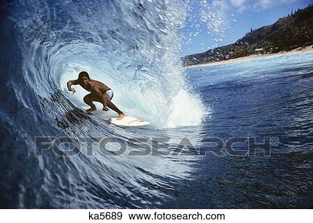 1980S Man Surfing In Curl Of Wave Hawaii Usa View Large Photo Image Stock Photo - 1980S Man Surfing In Curl Of Wave Hawaii Usa. Fotosearch