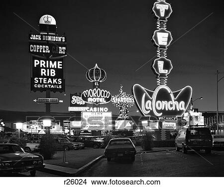 Picture - 1980S Night Neon On The Strip For El Morocco La Concha Stardust Las Vegas Nevada Usa. Fotosearch