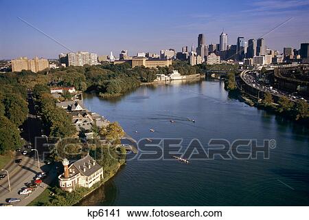 Stock Image - 1990s 1994 AERIAL VIEW OF SCHUYLKILL RIVER AND PHILADELPHIA PA USA. Fotosearch
