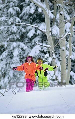 1990S Girl And Boy Running In The Snow View Large Photo Image Stock Image - 1990S Girl And Boy Running In The Snow. Fotosearch