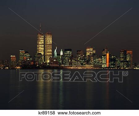 1990s Lower Manhattan Skyline At Night Seen From Jersey City New York City New York Usa Stock Photo Kr158 Fotosearch