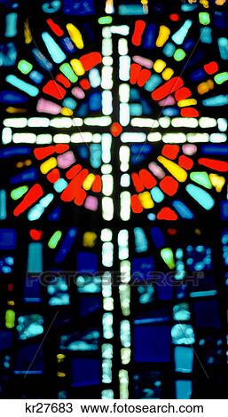 Stock Image - 1990s STAINED GLASS WINDOW OF CROSS IN CHAPEL OF SEATTLE PACIFIC COLLEGE. Fotosearch