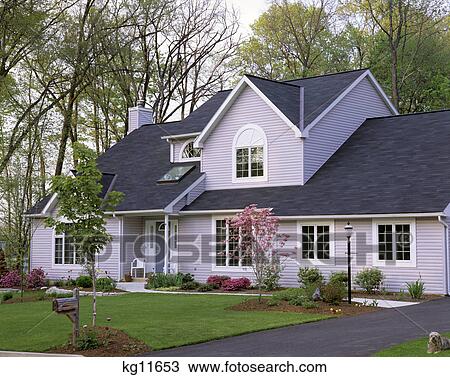Stock Image - 1990s TWO STORY GRAY SUBURBAN HOME IN EARLY SPRING LANDSCAPING AND DOG. Fotosearch