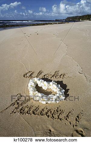 Stock Photo - ALOHA HAWAII WRITTEN IN THE SAND AND PLUMERIA LEI HAWAII USA. Fotosearch