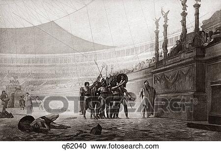 Stock Image - ANCIENT ROME VICTORIOUS GLADIATORS HOLDING SHIELDS TRIDENTS SALUTING ROMAN RULER. Fotosearch