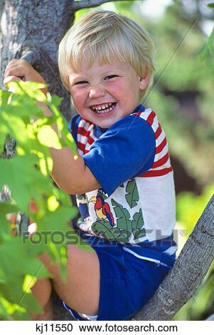 BLOND LITTLE BOY SITTING IN TREE SMILING LOOKING AT CAMERA View Large Photo Image Stock Image - BLOND LITTLE BOY SITTING IN TREE SMILING LOOKING AT CAMERA. Fotosearch
