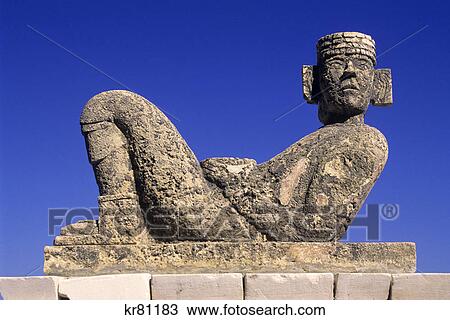 Stock Image - CHACMOOL MAYA STATUE YUCATAN PENINSULA QUINTANA ROO MEXICO. Fotosearch