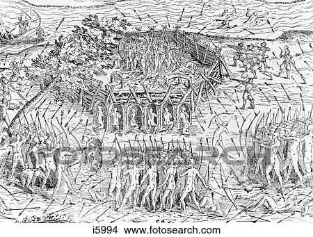 Picture - ENGRAVING 1600s 1609 FRENCH TROOPS UNDER CHAMPLAIN ASSISTING INDIAN ALLIES IN ATTACK ON AN IROQUOIS FORT. Fotosearch
