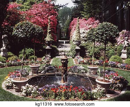 FORMAL GARDEN AND FOUNTAIN IN FULL SPRINGTIME BLOOM View Large Photo Image Stock Photograph - FORMAL GARDEN AND FOUNTAIN IN FULL SPRINGTIME BLOOM. Fotosearch