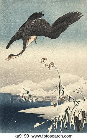 JAPANESE SYTLE WINTER SNOW SCENIC WITH BIRD GRAY GOOSE FLYING View Large Photo Image Stock Image - JAPANESE SYTLE WINTER SNOW SCENIC WITH BIRD GRAY GOOSE FLYING. Fotosearch